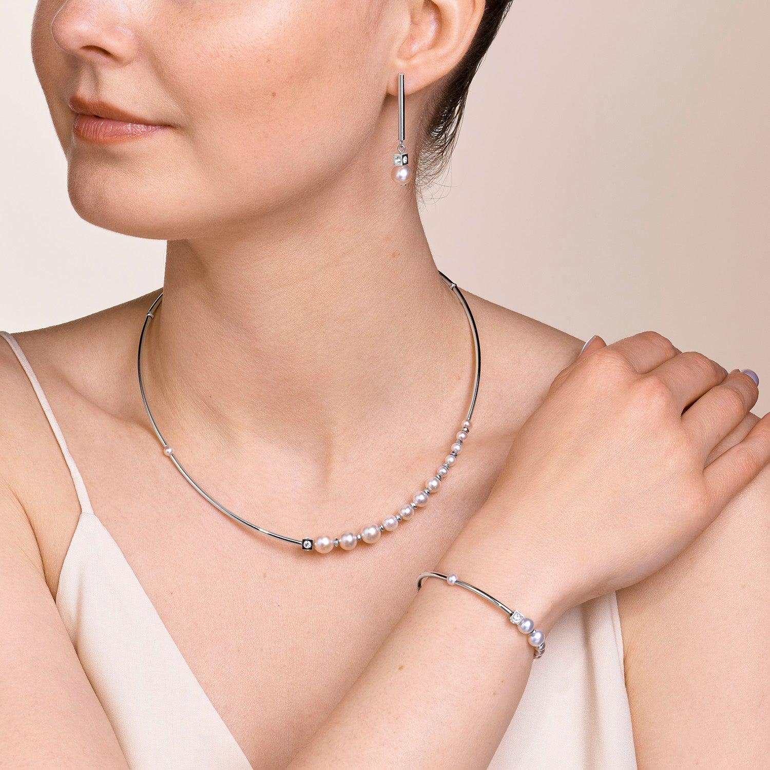 Earrings Asymmetry freshwater pearls & stainless steel white-silver